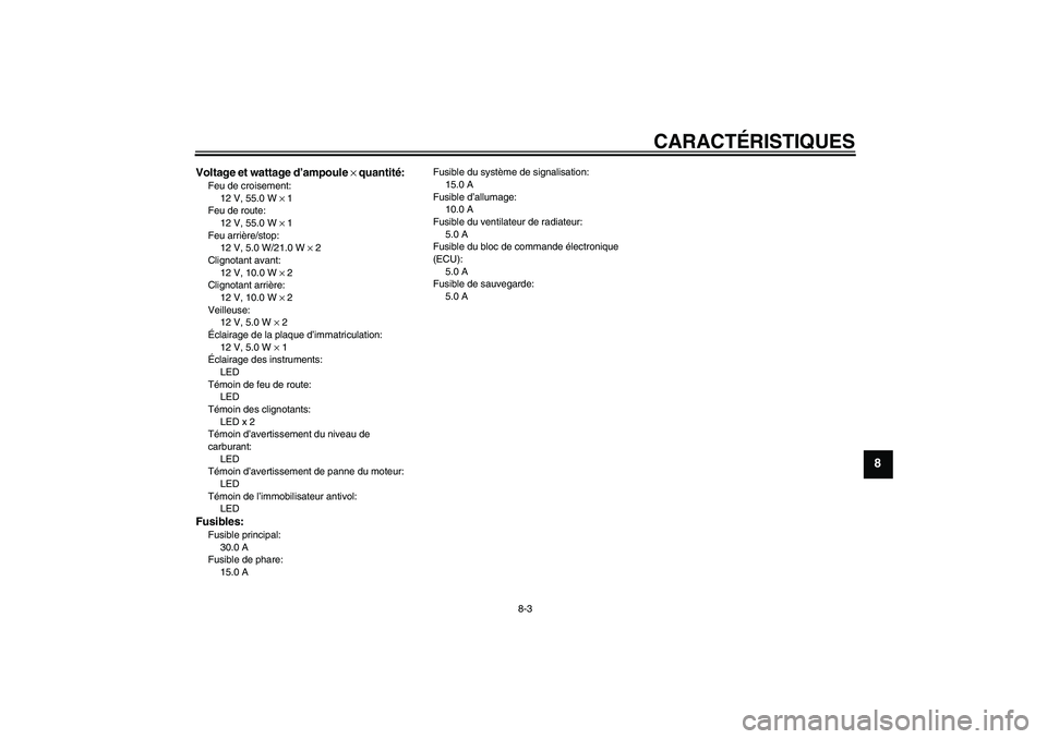YAMAHA XCITY 250 2009  Notices Demploi (in French) CARACTÉRISTIQUES
8-3
8
Voltage et wattage d’ampoule × quantité:Feu de croisement:
12 V, 55.0 W × 1
Feu de route:
12 V, 55.0 W × 1
Feu arrière/stop:
12 V, 5.0 W/21.0 W × 2
Clignotant avant:
12