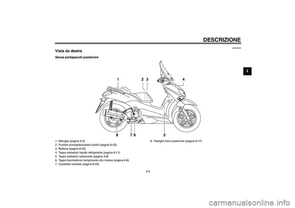 YAMAHA XCITY 250 2009  Manuale duso (in Italian) DESCRIZIONE
2-3
2
HAU32230
Vista da destraSenza portapacchi posteriore
2 13 4
5 6 7 8
1. Maniglia (pagina 5-2)
2. Fusibile principale/scatola fusibili (pagina 6-23)
3. Batteria (pagina 6-22)
4. Tappo 