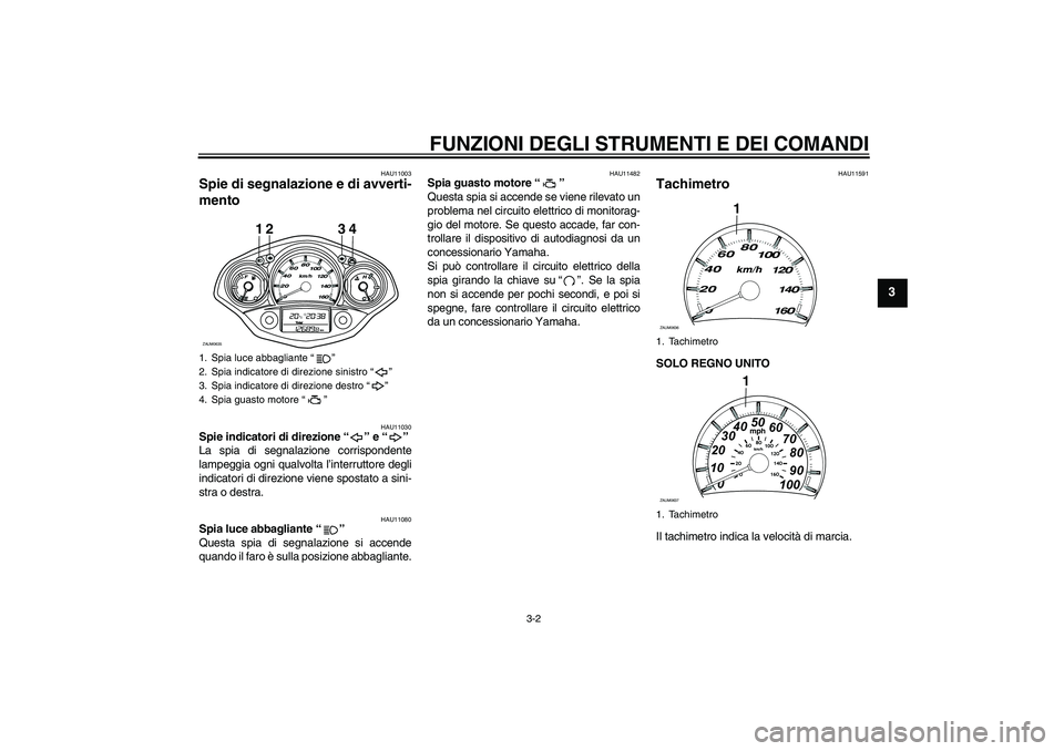 YAMAHA XCITY 250 2009  Manuale duso (in Italian) FUNZIONI DEGLI STRUMENTI E DEI COMANDI
3-2
3
HAU11003
Spie di segnalazione e di avverti-
mento 
HAU11030
Spie indicatori di direzione“” e“” 
La spia di segnalazione corrispondente
lampeggia og