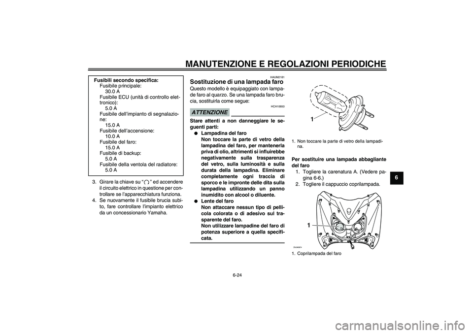 YAMAHA XCITY 250 2009  Manuale duso (in Italian) MANUTENZIONE E REGOLAZIONI PERIODICHE
6-24
6
3. Girare la chiave su“” ed accendere
il circuito elettrico in questione per con-
trollare se l’apparecchiatura funziona.
4. Se nuovamente il fusibil