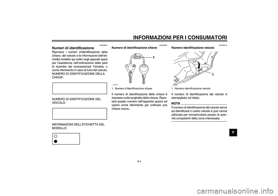 YAMAHA XCITY 250 2009  Manuale duso (in Italian) INFORMAZIONI PER I CONSUMATORI
9-1
9
HAU26351
Numeri di identificazione Riportare i numeri d’identificazione della
chiave, del veicolo e le informazioni dell’eti-
chetta modello qui sotto negli ap