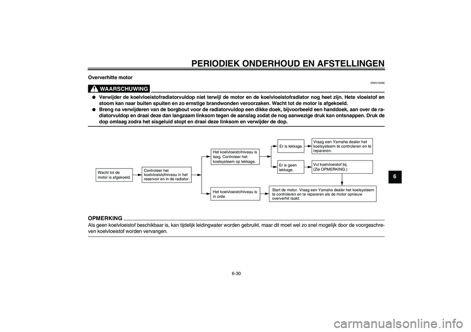 YAMAHA XCITY 250 2009  Instructieboekje (in Dutch) PERIODIEK ONDERHOUD EN AFSTELLINGEN
6-30
6
Oververhitte motor
WAARSCHUWING
DWA10400

Verwijder de koelvloeistofradiatorvuldop niet terwijl de motor en de koelvloeistofradiator nog heet zijn. Hete vlo