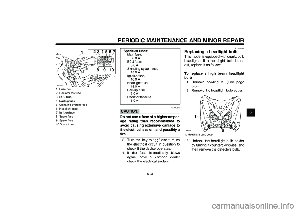 YAMAHA XCITY 250 2008 Workshop Manual PERIODIC MAINTENANCE AND MINOR REPAIR
6-23
6
CAUTION:
ECA10640
Do not use a fuse of a higher amper-
age rating than recommended to
avoid causing extensive damage to
the electrical system and possibly 
