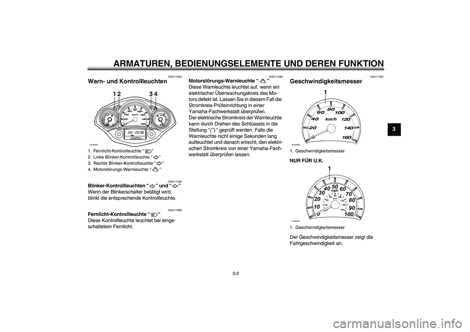 YAMAHA XCITY 250 2008  Betriebsanleitungen (in German) ARMATUREN, BEDIENUNGSELEMENTE UND DEREN FUNKTION
3-2
3
GAU11003
Warn- und Kontrollleuchten 
GAU11030
Blinker-Kontrollleuchten “” und “” 
Wenn der Blinkerschalter betätigt wird, 
blinkt die en