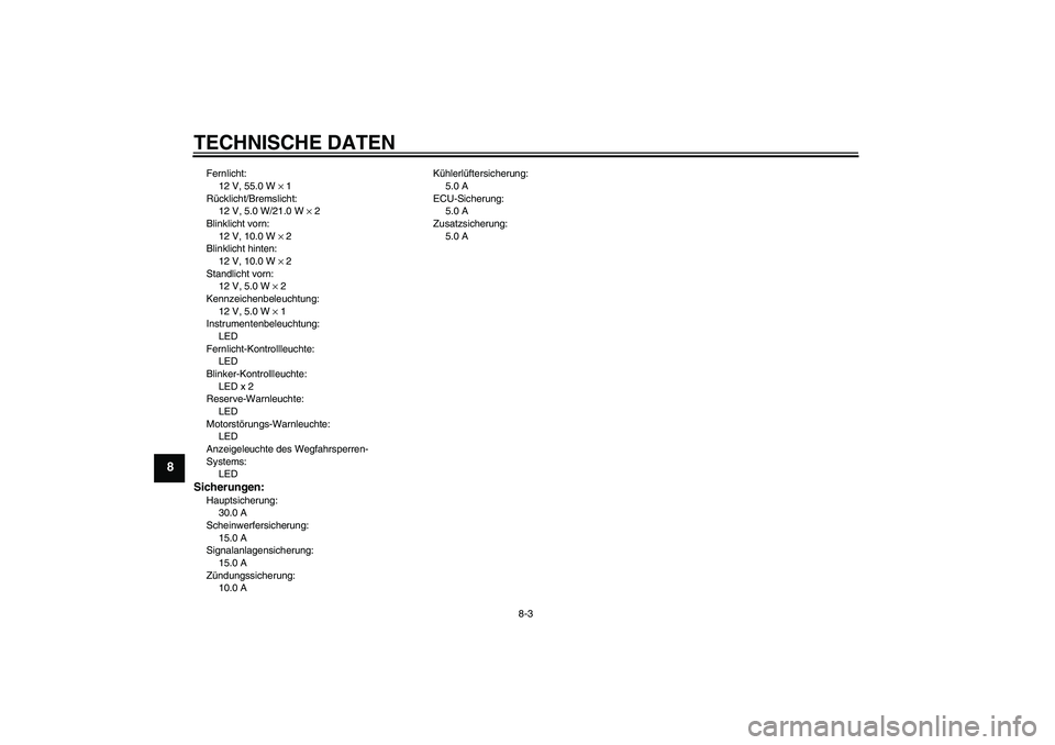 YAMAHA XCITY 250 2008 Betriebsanleitungen (in German) TECHNISCHE DATEN
8-3
8
Fernlicht:
12 V, 55.0 W × 1
Rücklicht/Bremslicht:
12 V, 5.0 W/21.0 W × 2
Blinklicht vorn:
12 V, 10.0 W × 2
Blinklicht hinten:
12 V, 10.0 W × 2
Standlicht vorn:
12 V, 5.0 W YAMAHA XCITY 250 2008 Betriebsanleitungen (in German) TECHNISCHE DATEN
8-3
8
Fernlicht:
12 V, 55.0 W × 1
Rücklicht/Bremslicht:
12 V, 5.0 W/21.0 W × 2
Blinklicht vorn:
12 V, 10.0 W × 2
Blinklicht hinten:
12 V, 10.0 W × 2
Standlicht vorn:
12 V, 5.0 W
