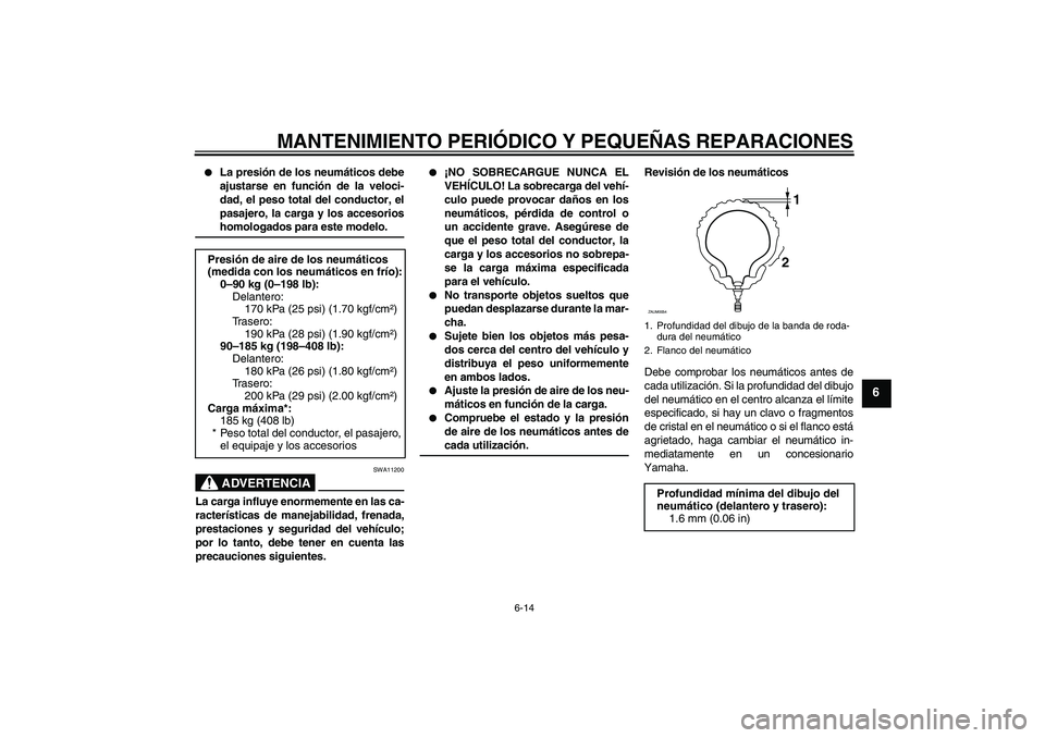 YAMAHA XCITY 250 2007  Manuale de Empleo (in Spanish) MANTENIMIENTO PERIÓDICO Y PEQUEÑAS REPARACIONES
6-14
6

La presión de los neumáticos debe
ajustarse en función de la veloci-
dad, el peso total del conductor, el
pasajero, la carga y los accesor