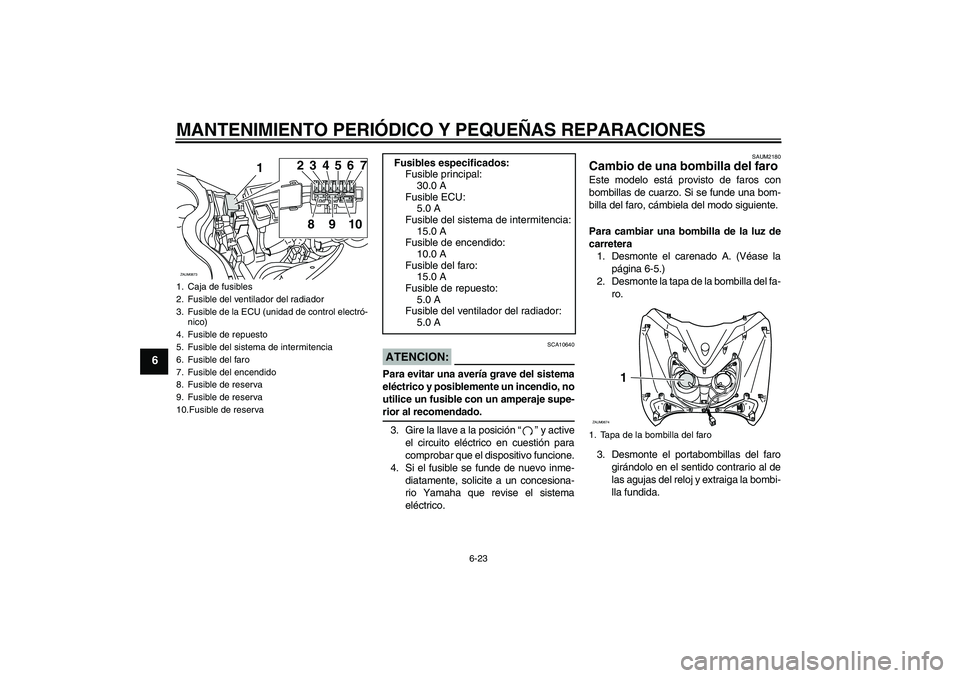 YAMAHA XCITY 250 2007  Manuale de Empleo (in Spanish) MANTENIMIENTO PERIÓDICO Y PEQUEÑAS REPARACIONES
6-23
6
ATENCION:
SCA10640
Para evitar una avería grave del sistema
eléctrico y posiblemente un incendio, no
utilice un fusible con un amperaje supe-