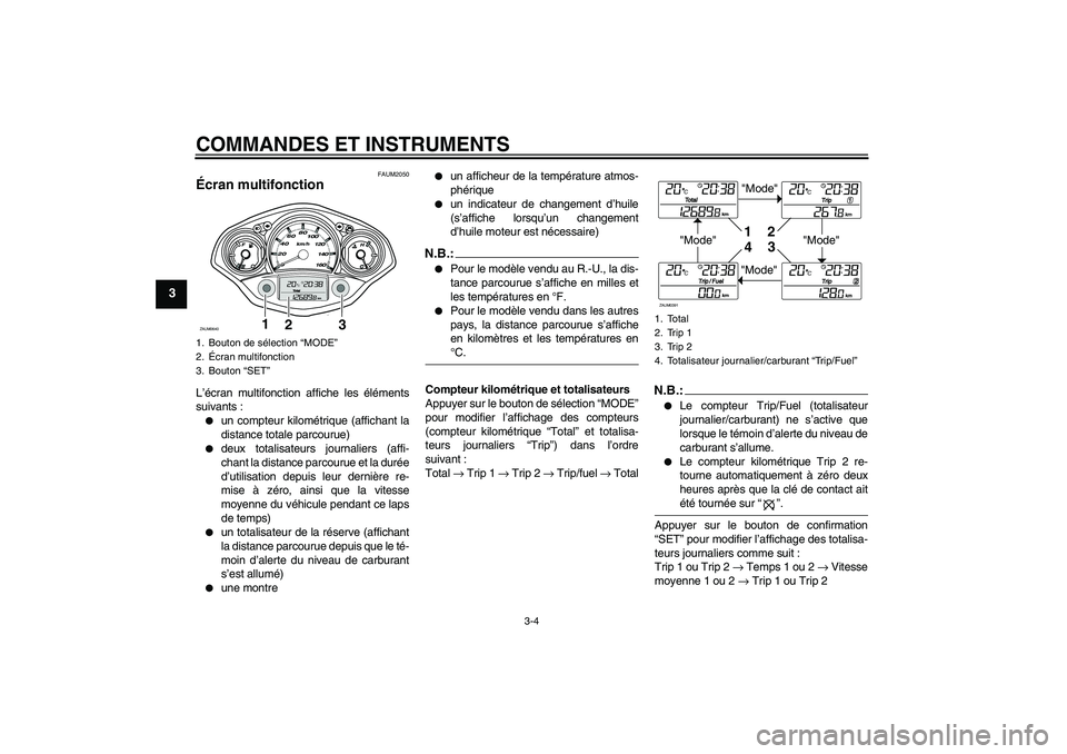 YAMAHA XCITY 250 2007  Notices Demploi (in French) COMMANDES ET INSTRUMENTS
3-4
3
FAUM2050
Écran multifonction L’écran multifonction affiche les éléments
suivants :
un compteur kilométrique (affichant la
distance totale parcourue)

deux total