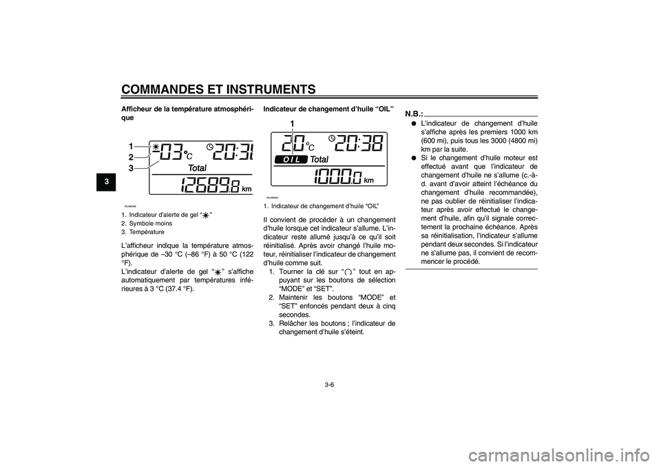 YAMAHA XCITY 250 2007  Notices Demploi (in French) COMMANDES ET INSTRUMENTS
3-6
3
Afficheur de la température atmosphéri-
que
L’afficheur indique la température atmos-
phérique de –30 °C (–86 °F) à 50 °C (122
°F).
L’indicateur d’ale