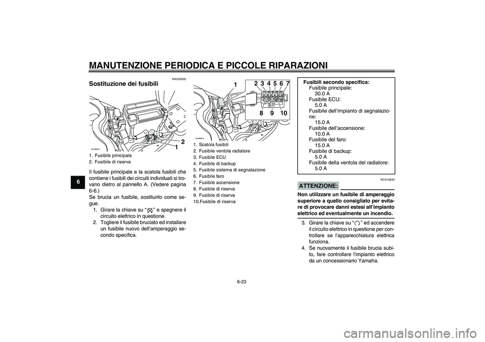 YAMAHA XCITY 250 2008  Manuale duso (in Italian) MANUTENZIONE PERIODICA E PICCOLE RIPARAZIONI
6-23
6
HAU23525
Sostituzione dei fusibili Il fusibile principale e la scatola fusibili che
contiene i fusibili dei circuiti individuali si tro-
vano dietro