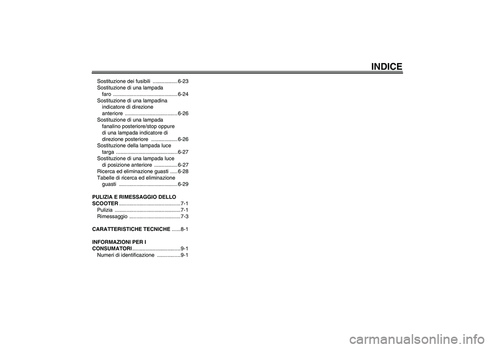 YAMAHA XCITY 250 2007  Manuale duso (in Italian) INDICE
Sostituzione dei fusibili  ................. 6-23
Sostituzione di una lampada 
faro ............................................ 6-24
Sostituzione di una lampadina 
indicatore di direzione 
ant