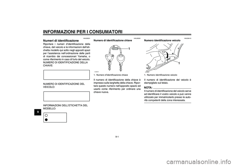 YAMAHA XCITY 250 2008 Manuale duso (in Italian) INFORMAZIONI PER I CONSUMATORI
9-1
9
HAU26351
Numeri di identificazione Riportare i numeri d’identificazione della
chiave, del veicolo e le informazioni dell’eti-
chetta modello qui sotto negli ap YAMAHA XCITY 250 2008 Manuale duso (in Italian) INFORMAZIONI PER I CONSUMATORI
9-1
9
HAU26351
Numeri di identificazione Riportare i numeri d’identificazione della
chiave, del veicolo e le informazioni dell’eti-
chetta modello qui sotto negli ap