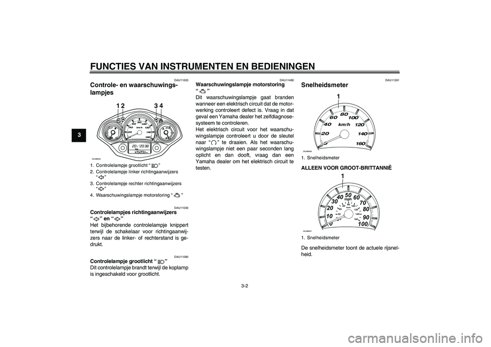 YAMAHA XCITY 250 2008  Instructieboekje (in Dutch) FUNCTIES VAN INSTRUMENTEN EN BEDIENINGEN
3-2
3
DAU11003
Controle- en waarschuwings-
lampjes 
DAU11030
Controlelampjes richtingaanwijzers 
“” en “” 
Het bijbehorende controlelampje knippert
ter
