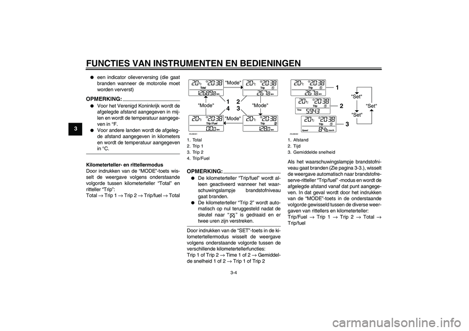 YAMAHA XCITY 250 2008  Instructieboekje (in Dutch) FUNCTIES VAN INSTRUMENTEN EN BEDIENINGEN
3-4
3

een indicator olieverversing (die gaat
branden wanneer de motorolie moet
worden ververst)
OPMERKING:
Voor het Verenigd Koninkrijk wordt de
afgelegde a