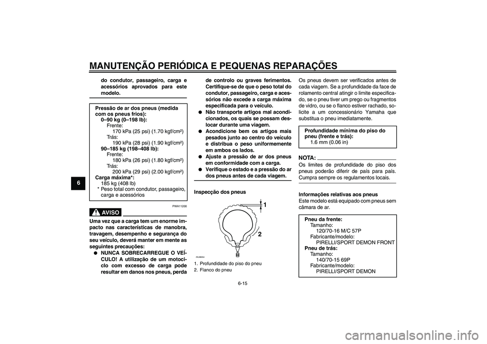 YAMAHA XCITY 250 2008  Manual de utilização (in Portuguese) MANUTENÇÃO PERIÓDICA E PEQUENAS REPARAÇÕES
6-15
6
do condutor, passageiro, carga e
acessórios aprovados para estemodelo.AV I S O
PWA11200
Uma vez que a carga tem um enorme im-
pacto nas caracter