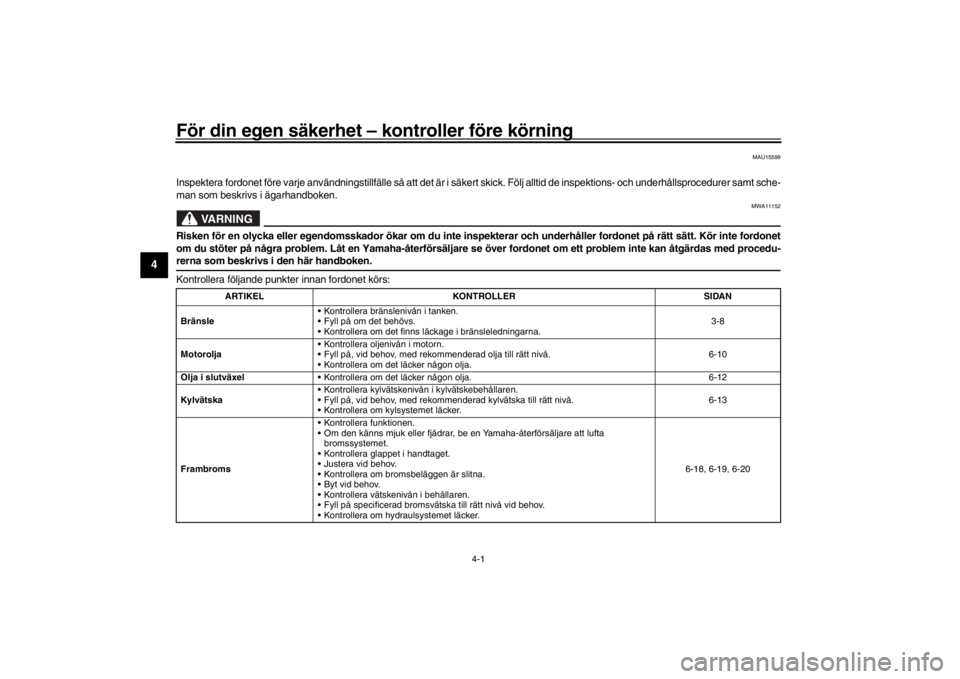 YAMAHA XENTER 125 2016  Bruksanvisningar (in Swedish) 4-1
1
2
34
5
6
7
8
9
10
11
12
För din egen säkerhet –  kontroller före körning
MAU15599
Inspektera fordonet före varje användningstillfälle så att det är  i säkert skick. Följ alltid de i