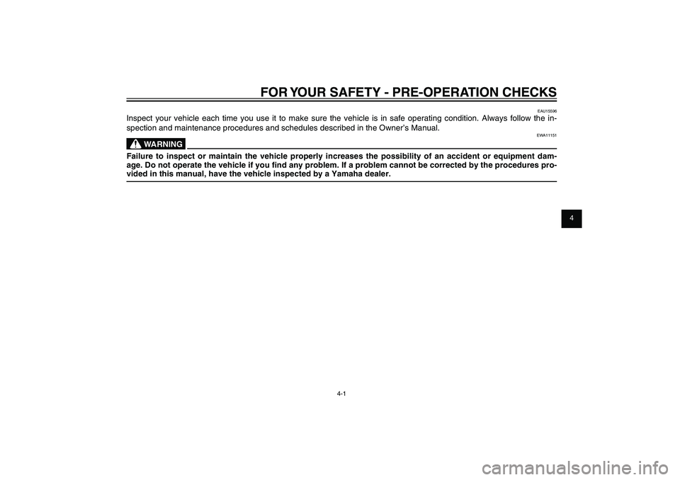 YAMAHA XENTER 125 2012 Owners Guide 1
2
3
4
5
6
7
8
9
4-1
EAU15582
FOR YOUR SAFETY - PRE-OPERATION CHECKS
EAU15582
FOR YOUR SAFETY - PRE-OPERATION CHECKS
EAU15596
Inspect your vehicle each time you use it to make sure the vehicle is in YAMAHA XENTER 125 2012 Owners Guide 1
2
3
4
5
6
7
8
9
4-1
EAU15582
FOR YOUR SAFETY - PRE-OPERATION CHECKS
EAU15582
FOR YOUR SAFETY - PRE-OPERATION CHECKS
EAU15596
Inspect your vehicle each time you use it to make sure the vehicle is in