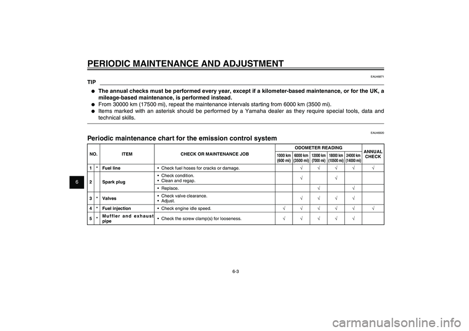 YAMAHA XENTER 125 2012 Owners Manual 1
2
3
4
5
6
7
8
9
6-3
EAU1722A
PERIODIC MAINTENANCE AND ADJUSTMENT
EAU46871
TIP● The annual checks must be performed every year, except if a kilometer-based maintenance, or for the UK, a
mileage-b YAMAHA XENTER 125 2012 Owners Manual 1
2
3
4
5
6
7
8
9
6-3
EAU1722A
PERIODIC MAINTENANCE AND ADJUSTMENT
EAU46871
TIP● The annual checks must be performed every year, except if a kilometer-based maintenance, or for the UK, a
mileage-b