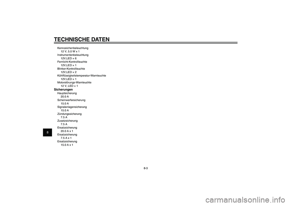 YAMAHA XENTER 125 2012  Betriebsanleitungen (in German) 1
2
3
4
5
6
7
8
9
8-3
GAU26320
TECHNISCHE DATENKennzeichenbeleuchtung
12 V, 5.0 W x 1
Instrumentenbeleuchtung
12V,LED × 6
Fernlicht-Kontrollleuchte
12V,LED × 1
Blinker-Kontrollleuchte
12V,LED × 2
K