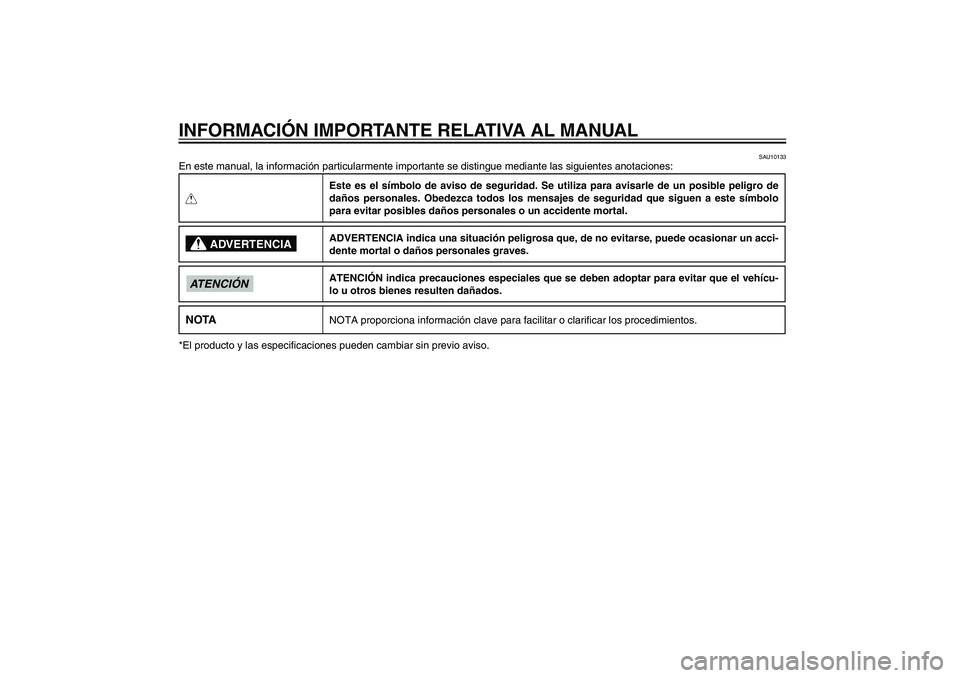 YAMAHA XENTER 125 2012  Manuale de Empleo (in Spanish) SAU10122
INFORMACIÓN IMPORTANTE RELATIVA AL MANUAL
SAU10133
En este manual, la información particularmente importante se distingue mediante las siguientes anotaciones:QEste es el símbolo de aviso d