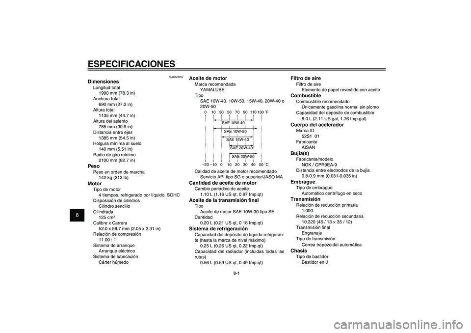YAMAHA XENTER 125 2012  Manuale de Empleo (in Spanish) 1
2
3
4
5
6
7
8
9
8-1
SAU26320
ESPECIFICACIONES
SAU50916
DimensionesLongitud total
1990 mm (78.3 in)
Anchura total
690 mm (27.2 in)
Altura total
1135 mm (44.7 in)
Altura del asiento
785 mm (30.9 in)
D