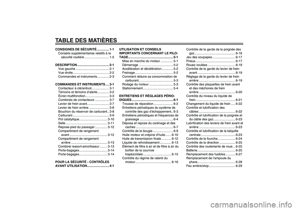 YAMAHA XENTER 125 2012 Notices Demploi (in French) FAU10210
TABLE DES MATIÈRESCONSIGNES DE SÉCURITÉ .............. 1-1
Conseils supplémentaires relatifs à la
sécurité routière ............................ 1-5
DESCRIPTION ..................... YAMAHA XENTER 125 2012 Notices Demploi (in French) FAU10210
TABLE DES MATIÈRESCONSIGNES DE SÉCURITÉ .............. 1-1
Conseils supplémentaires relatifs à la
sécurité routière ............................ 1-5
DESCRIPTION .....................