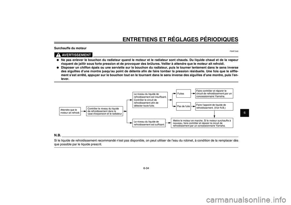 YAMAHA XENTER 125 2012  Notices Demploi (in French) 1
2
3
4
5
6
7
8
9
6-34
FAU1722A
ENTRETIENS ET RÉGLAGES PÉRIODIQUES
Surchauffe du moteur
FWAT1040
AVERTISSEMENT
●  Ne pas enlever le bouchon du radiateur quand le moteur et le radiateur sont chauds