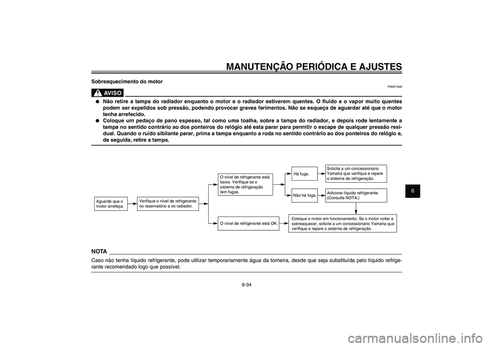 YAMAHA XENTER 125 2012  Manual de utilização (in Portuguese) 1
2
3
4
5
6
7
8
9
6-34
PAU1722A
MANUTENÇÃO PERIÓDICA E AJUSTES
Sobreaquecimento do motor
PWAT1040
AVISO
●  Não retire a tampa do radiador enquanto o motor e o radiador estiverem quentes. O � uid