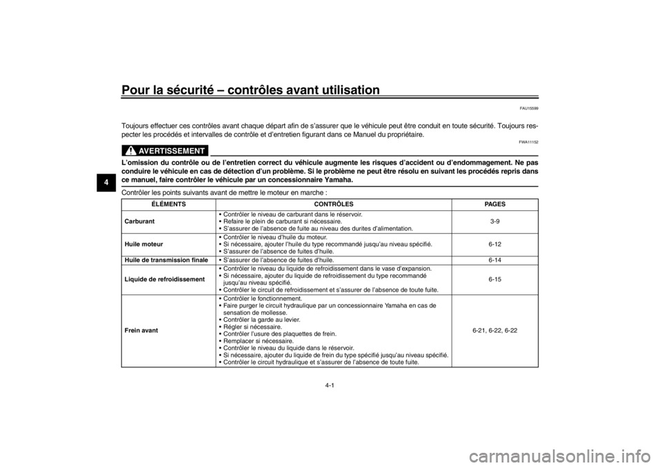 YAMAHA XENTER 150 2016 Notices Demploi (in French) 4-1
1
2
34
5
6
7
8
9
10
11
12
Pour la sécurité – contrôles avant utilisation
FAU15599
Toujours effectuer ces contrôles avant chaque départ afin de s’assu rer que le véhicule peut être condu YAMAHA XENTER 150 2016 Notices Demploi (in French) 4-1
1
2
34
5
6
7
8
9
10
11
12
Pour la sécurité – contrôles avant utilisation
FAU15599
Toujours effectuer ces contrôles avant chaque départ afin de s’assu rer que le véhicule peut être condu