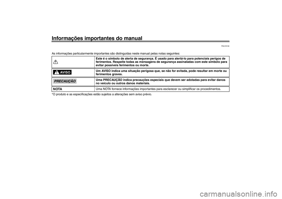 YAMAHA XENTER 150 2016  Manual de utilização (in Portuguese) Informações importantes do manual
PAU10134
As informações particularmente importantes são distinguidas nes te manual pelas notas seguintes:
*O produto e as especificações estão sujeitos a alte