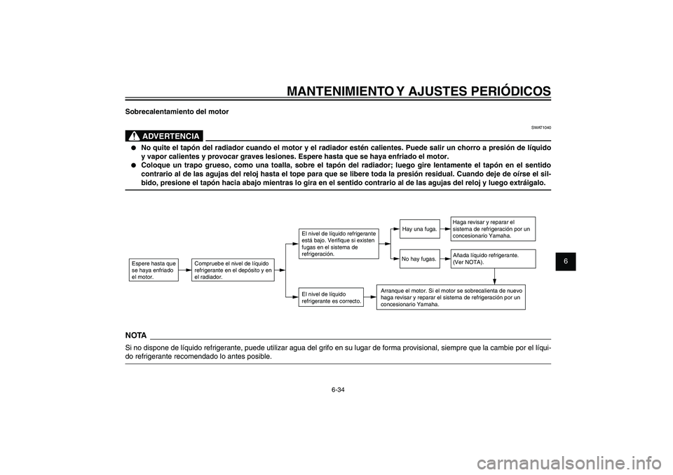 YAMAHA XENTER 150 2012  Manuale de Empleo (in Spanish) 1
2
3
4
5
6
7
8
9
6-34
SAU1722A
MANTENIMIENTO Y AJUSTES PERIÓDICOS
Sobrecalentamiento del motor
SWAT1040
ADVERTENCIA
●  No quite el tapón del radiador cuando el motor y el radiador estén caliente