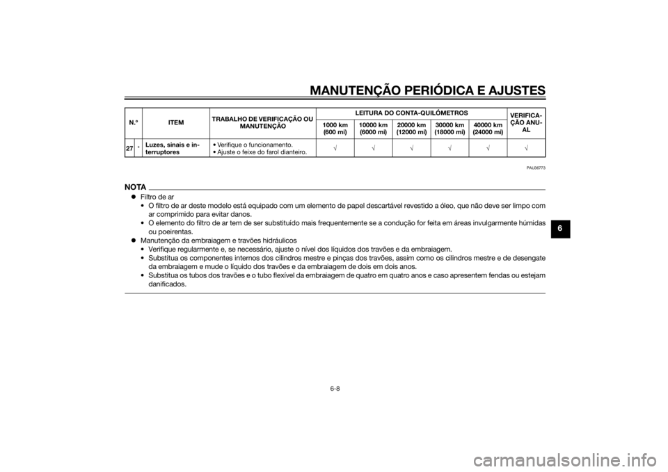 YAMAHA XJ 1300 2015  Manual de utilização (in Portuguese) MANUTENÇÃO PERIÓDICA E AJUSTES
6-8
6
PAU36773
NOTAFiltro de ar
• O filtro de ar deste modelo está equipado com um elemento de papel descartável revestido a óleo, que não deve ser limpo com