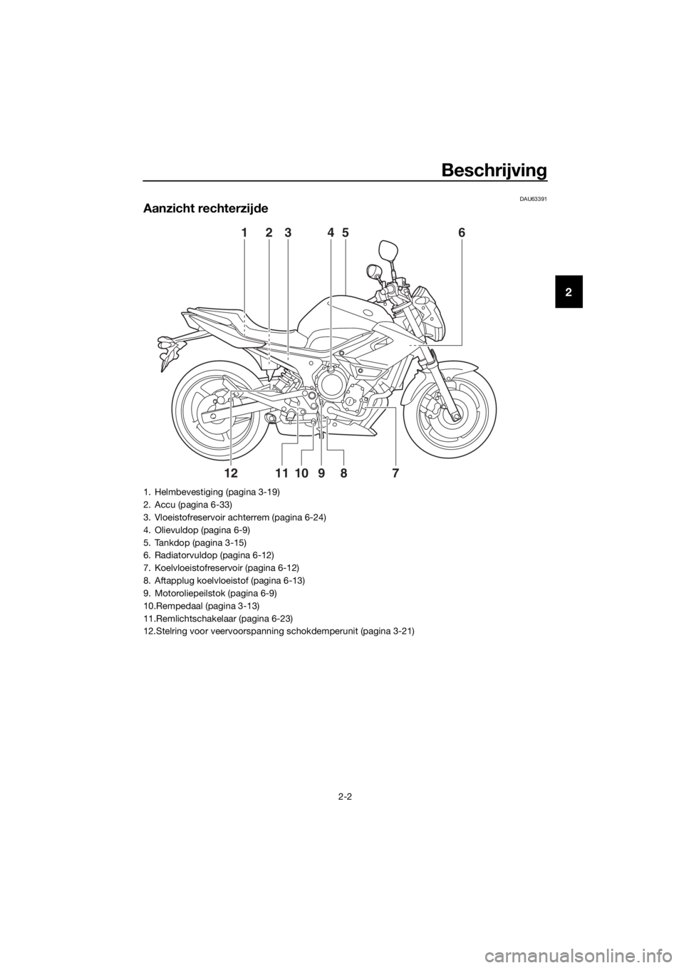YAMAHA XJ6-N 2016 Instructieboekje (in Dutch) Beschrijving
2-2
2
DAU63391
Aanzicht rechterzijde
123 456
78910
1112
1. Helmbevestiging (pagina 3-19)
2. Accu (pagina 6-33)
3. Vloeistofreservoir achterrem (pagina 6-24)
4. Olievuldop (pagina 6-9)
5. YAMAHA XJ6-N 2016 Instructieboekje (in Dutch) Beschrijving
2-2
2
DAU63391
Aanzicht rechterzijde
123 456
78910
1112
1. Helmbevestiging (pagina 3-19)
2. Accu (pagina 6-33)
3. Vloeistofreservoir achterrem (pagina 6-24)
4. Olievuldop (pagina 6-9)
5.
