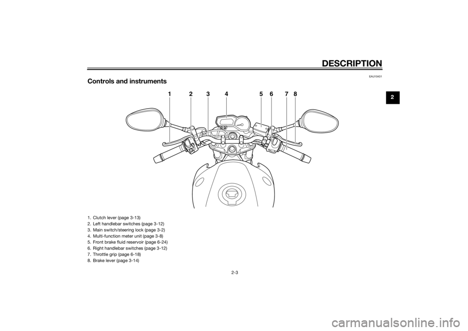 YAMAHA XJ6-N 2014 User Guide DESCRIPTION
2-3
2
EAU10431
Controls and instruments
123 5678
4
1. Clutch lever (page 3-13)
2. Left handlebar switches (page 3-12)
3. Main switch/steering lock (page 3-2)
4. Multi-function meter unit (