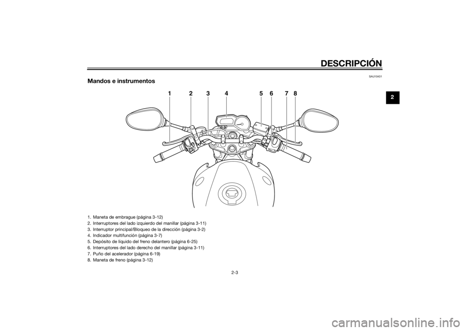 YAMAHA XJ6-N 2015 Manuale de Empleo (in Spanish) DESCRIPCIÓN
2-3
2
SAU10431
Mandos e instrumentos
123 5678
4
1. Maneta de embrague (página 3-12)
2. Interruptores del lado izquierdo del manillar (página 3-11)
3. Interruptor principal/Bloqueo de la YAMAHA XJ6-N 2015 Manuale de Empleo (in Spanish) DESCRIPCIÓN
2-3
2
SAU10431
Mandos e instrumentos
123 5678
4
1. Maneta de embrague (página 3-12)
2. Interruptores del lado izquierdo del manillar (página 3-11)
3. Interruptor principal/Bloqueo de la