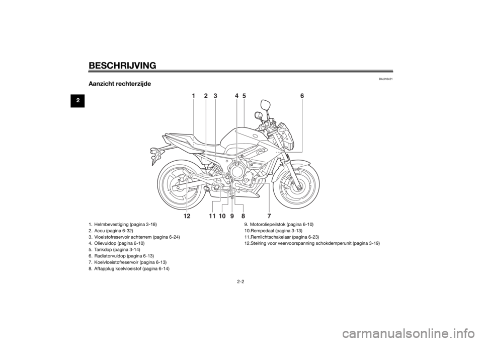 YAMAHA XJ6-N 2014 Instructieboekje (in Dutch) BESCHRIJVING
2-2
2
DAU10421
Aanzicht rechterzijde
123 4
56
78910
11
12
1. Helmbevestiging (pagina 3-18)
2. Accu (pagina 6-32)
3. Vloeistofreservoir achterrem (pagina 6-24)
4. Olievuldop (pagina 6-10)
YAMAHA XJ6-N 2014 Instructieboekje (in Dutch) BESCHRIJVING
2-2
2
DAU10421
Aanzicht rechterzijde
123 4
56
78910
11
12
1. Helmbevestiging (pagina 3-18)
2. Accu (pagina 6-32)
3. Vloeistofreservoir achterrem (pagina 6-24)
4. Olievuldop (pagina 6-10)