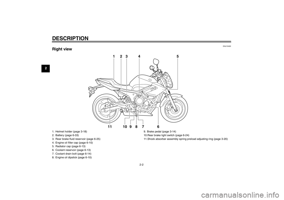 YAMAHA XJ6-N 2011  Owners Manual DESCRIPTION
2-2
2
EAU10420
Right view
123 45
6789
10
11
1. Helmet holder (page 3-18)
2. Battery (page 6-33)
3. Rear brake fluid reservoir (page 6-25)
4. Engine oil filler cap (page 6-10)
5. Radiator c