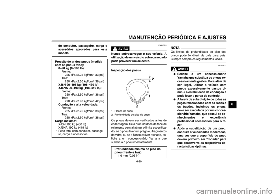 YAMAHA XJ6-N 2011 Manual de utilização (in Portuguese) MANUTENÇÃO PERIÓDICA E AJUSTES
6-20
6
do condutor, passageiro, carga e
acessórios aprovados para este
modelo.
AV I S O
PWA10511
Nunca sobrecarregue o seu veículo. A
utilização de um veículo so YAMAHA XJ6-N 2011 Manual de utilização (in Portuguese) MANUTENÇÃO PERIÓDICA E AJUSTES
6-20
6
do condutor, passageiro, carga e
acessórios aprovados para este
modelo.
AV I S O
PWA10511
Nunca sobrecarregue o seu veículo. A
utilização de um veículo so