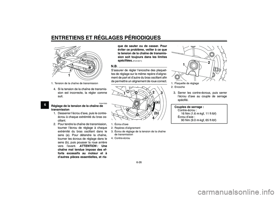 YAMAHA XJ6-N 2009  Notices Demploi (in French) ENTRETIENS ET RÉGLAGES PÉRIODIQUES
6-26
6
4. Si la tension de la chaîne de transmis-
sion est incorrecte, la régler comme
suit.
FAU47030
Réglage de la tension de la chaîne de 
transmission
1. De