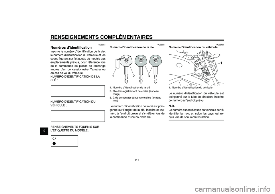 YAMAHA XJ6-N 2009 Notices Demploi (in French) RENSEIGNEMENTS COMPLÉMENTAIRES
9-1
9
FAU26351
Numéros d’identification Inscrire le numéro d’identification de la clé,
le numéro d’identification du véhicule et les
codes figurant sur l’à YAMAHA XJ6-N 2009 Notices Demploi (in French) RENSEIGNEMENTS COMPLÉMENTAIRES
9-1
9
FAU26351
Numéros d’identification Inscrire le numéro d’identification de la clé,
le numéro d’identification du véhicule et les
codes figurant sur l’Ã