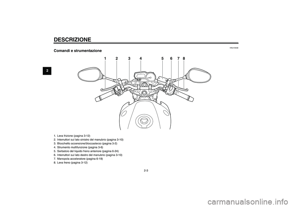 YAMAHA XJ6-N 2009  Manuale duso (in Italian) DESCRIZIONE
2-3
2
HAU10430
Comandi e strumentazione
12 3 5678
4
1. Leva frizione (pagina 3-12)
2. Interruttori sul lato sinistro del manubrio (pagina 3-10)
3. Blocchetto accensione/bloccasterzo (pagin