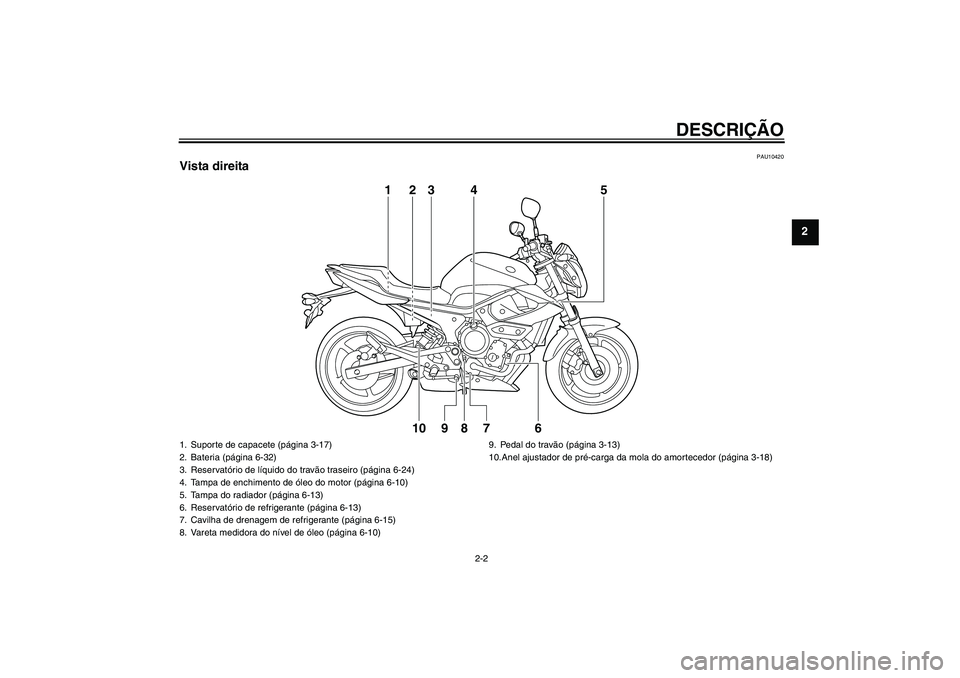 YAMAHA XJ6-N 2009  Manual de utilização (in Portuguese) DESCRIÇÃO
2-2
2
PAU10420
Vista direita
123 4 5
6 7 8 9 10
1. Suporte de capacete (página 3-17)
2. Bateria (página 6-32)
3. Reservatório de líquido do travão traseiro (página 6-24)
4. Tampa de 