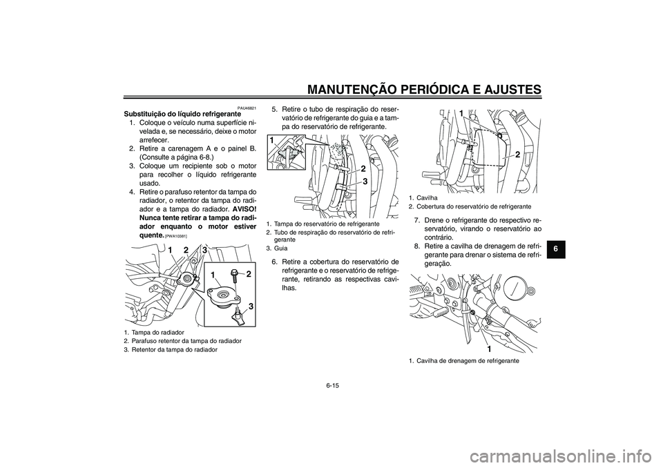YAMAHA XJ6-N 2009  Manual de utilização (in Portuguese) MANUTENÇÃO PERIÓDICA E AJUSTES
6-15
6
PAU46821
Substituição do líquido refrigerante
1. Coloque o veículo numa superfície ni-
velada e, se necessário, deixe o motor
arrefecer.
2. Retire a care
