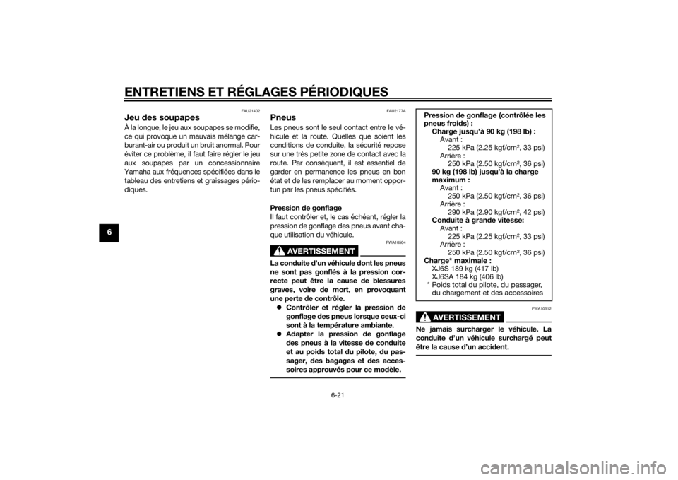YAMAHA XJ6-S 2016  Notices Demploi (in French) ENTRETIENS ET RÉGLAGES PÉRIODIQUES
6-21
6
FAU21402
Jeu des soupapesÀ la longue, le jeu aux soupapes se modifie,
ce qui provoque un mauvais mélange car-
burant-air ou produit un bruit anormal. Pour