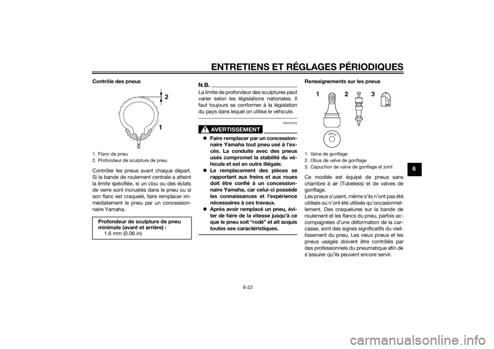 YAMAHA XJ6-S 2016  Notices Demploi (in French) ENTRETIENS ET RÉGLAGES PÉRIODIQUES
6-22
6
Contrôle des pneus
Contrôler les pneus avant chaque départ.
Si la bande de roulement centrale a atteint
la limite spécifiée, si un clou ou des éclats
