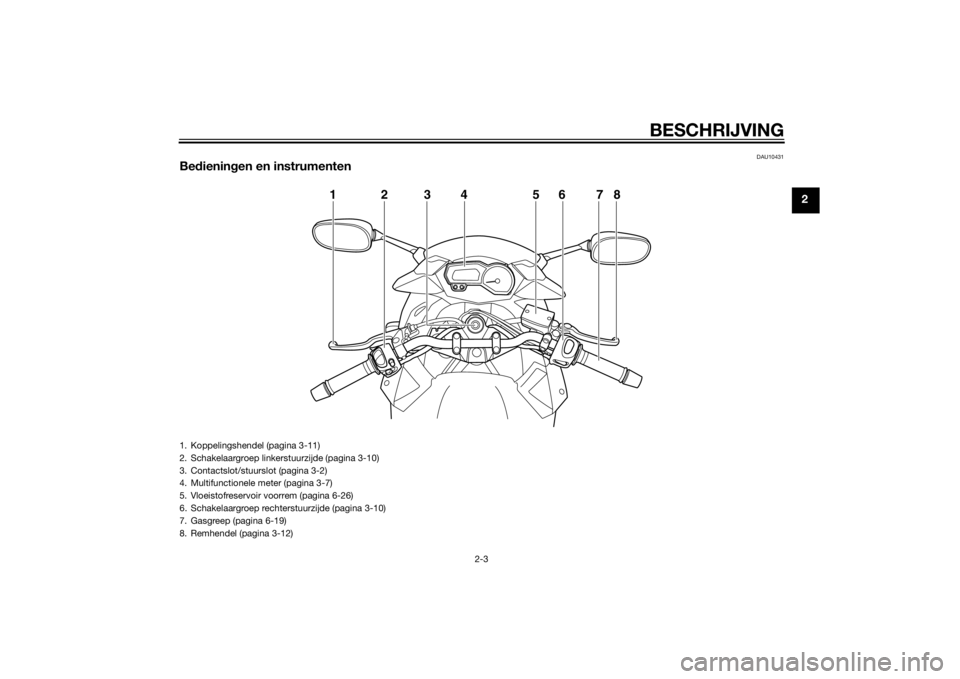 YAMAHA XJ6-S 2013 Instructieboekje (in Dutch) BESCHRIJVING
2-3
2
DAU10431
Bedienin gen en instrumenten
123 5678
4
1. Koppelingshendel (pagina 3-11)
2. Schakelaargroep linkerstuurzijde (pagina 3-10)
3. Contactslot/stuurslot (pagina 3-2)
4. Multifu YAMAHA XJ6-S 2013 Instructieboekje (in Dutch) BESCHRIJVING
2-3
2
DAU10431
Bedienin gen en instrumenten
123 5678
4
1. Koppelingshendel (pagina 3-11)
2. Schakelaargroep linkerstuurzijde (pagina 3-10)
3. Contactslot/stuurslot (pagina 3-2)
4. Multifu