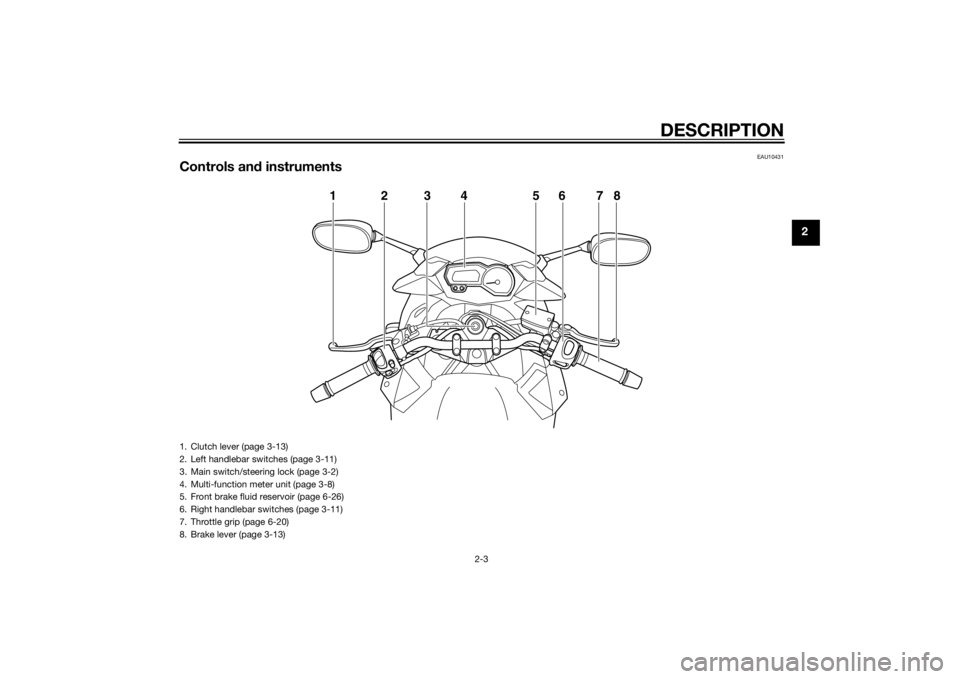 YAMAHA XJ6-S 2014 User Guide DESCRIPTION
2-3
2
EAU10431
Controls and instruments
123 5678
4
1. Clutch lever (page 3-13)
2. Left handlebar switches (page 3-11)
3. Main switch/steering lock (page 3-2)
4. Multi-function meter unit (