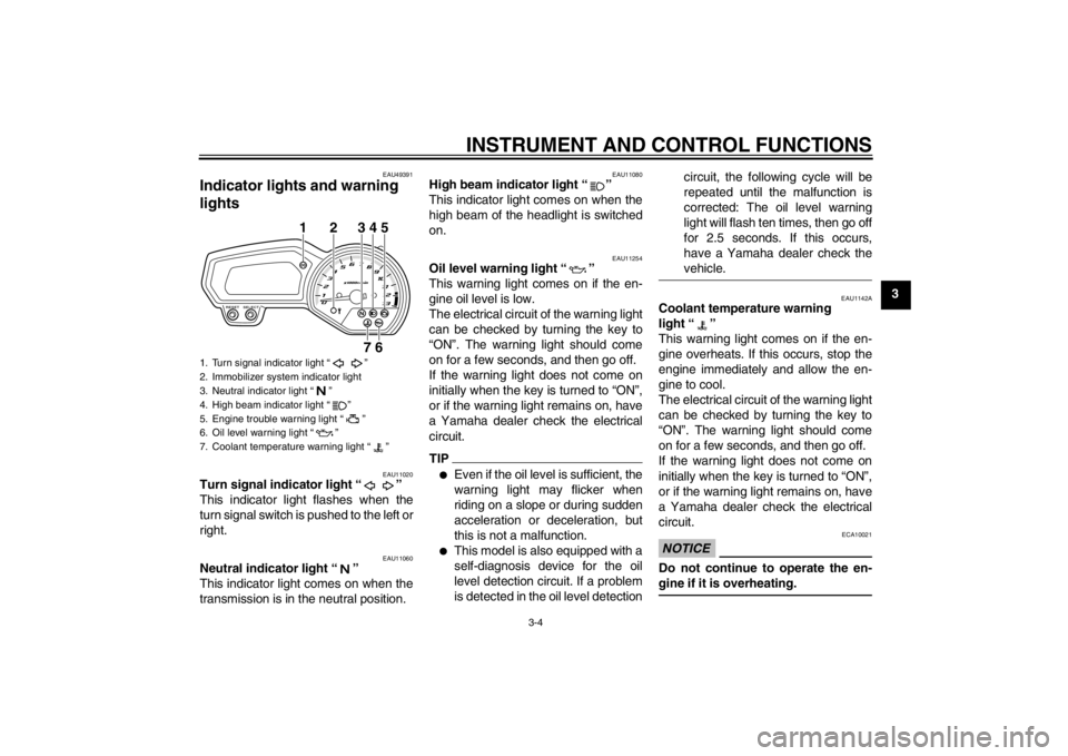 YAMAHA XJ6-S 2013 User Guide INSTRUMENT AND CONTROL FUNCTIONS
3-4
3
EAU49391
Indicator lights and warning
lights
EAU11020
Turn signal indicator light “ ”
This indicator light flashes when the
turn signal switch is pushed t YAMAHA XJ6-S 2013 User Guide INSTRUMENT AND CONTROL FUNCTIONS
3-4
3
EAU49391
Indicator lights and warning
lights
EAU11020
Turn signal indicator light “ ”
This indicator light flashes when the
turn signal switch is pushed t