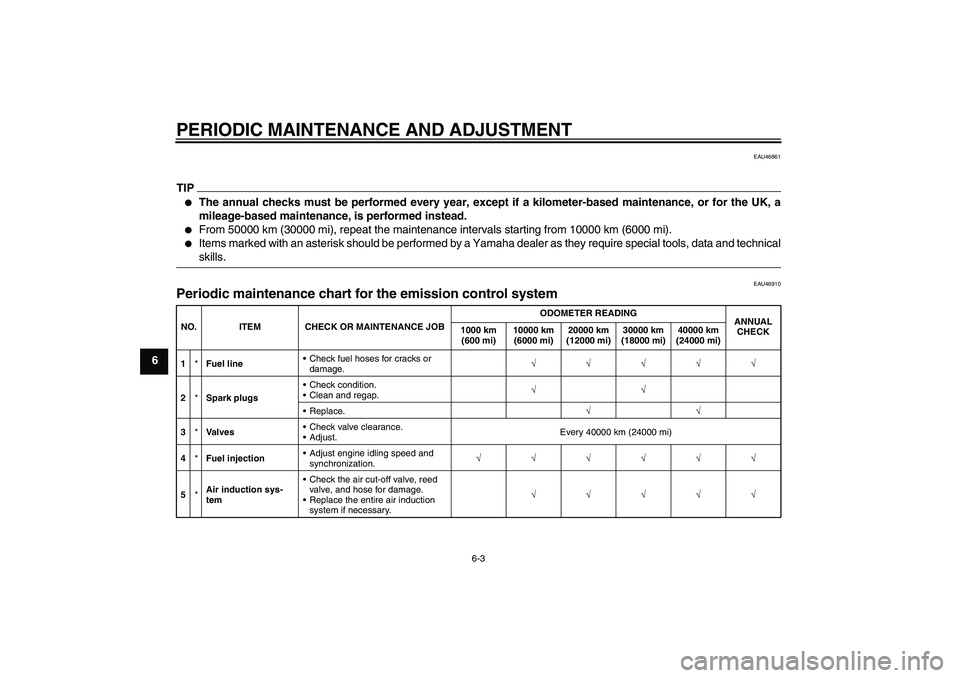 YAMAHA XJ6-S 2011 Service Manual PERIODIC MAINTENANCE AND ADJUSTMENT
6-3
6
EAU46861
TIP
The annual checks must be performed every year, except if a kilometer-based maintenance, or for the UK, a
mileage-based maintenance, is performe