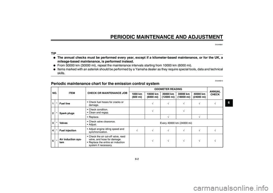 YAMAHA XJ6-S 2010  Owners Manual PERIODIC MAINTENANCE AND ADJUSTMENT
6-2
6
EAU46861
TIP
The annual checks must be performed every year, except if a kilometer-based maintenance, or for the UK, a
mileage-based maintenance, is performe